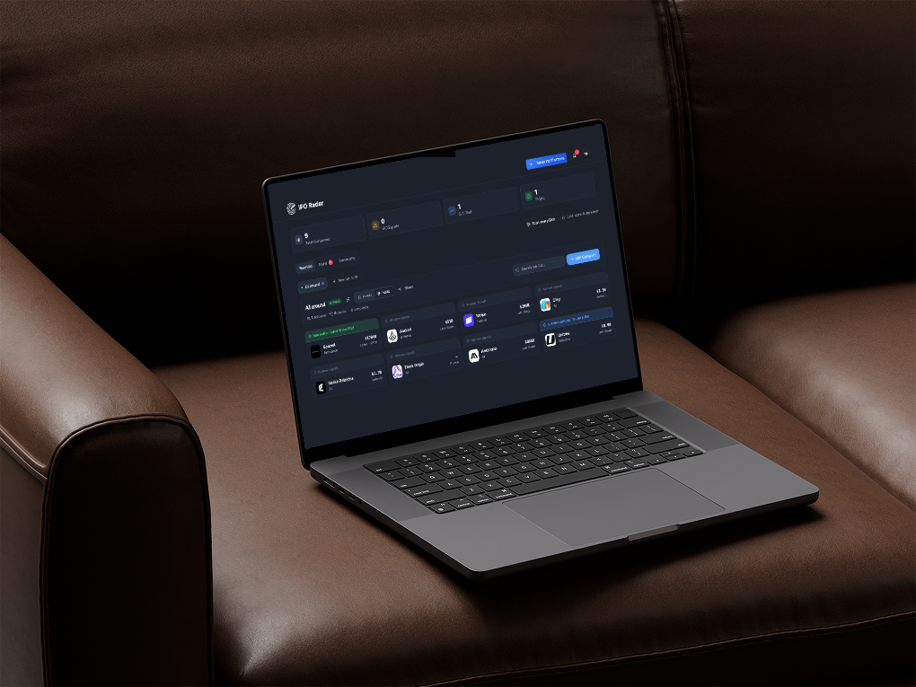 The IPO Radar dashboard open on a laptop